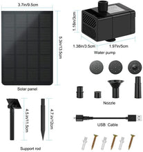 Load image into Gallery viewer, Solar Fountain Water Pump 2.5W Solar and USB Dual Powered Fountain Pump Max Flow 200L/H Solar Fountain Pump Kit with Stick and 7 Nozzles for Bird Bath, Garden, Backyard, Pool