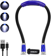 Load image into Gallery viewer, LEDBOKLI Neck Reading Light for Books in Bed, 6 Brightness Levels Double LED Book Light for Reading in Bed, 660 mAh Rechargeable Reading Night Light for Outdoors Repairing Knitting Crochet (Blue)