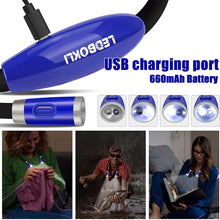 Load image into Gallery viewer, LEDBOKLI Neck Reading Light for Books in Bed, 6 Brightness Levels Double LED Book Light for Reading in Bed, 660 mAh Rechargeable Reading Night Light for Outdoors Repairing Knitting Crochet (Blue)