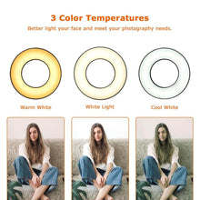Load image into Gallery viewer, LED Ring Reading Light, 5w Clip Light, 3 Color Modes + 10 Brightness Dimmer Selfie Fill Lights