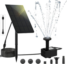 Load image into Gallery viewer, Solar Fountain Water Pump 2.5W Solar and USB Dual Powered Fountain Pump Max Flow 200L/H Solar Fountain Pump Kit with Stick and 7 Nozzles for Bird Bath, Garden, Backyard, Pool
