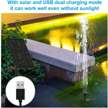 Load image into Gallery viewer, Solar Fountain Water Pump 2.5W Solar and USB Dual Powered Fountain Pump Max Flow 200L/H Solar Fountain Pump Kit with Stick and 7 Nozzles for Bird Bath, Garden, Backyard, Pool
